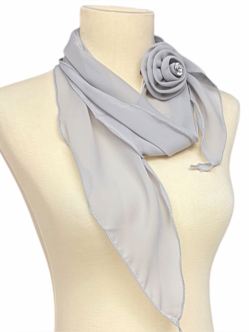 Gray Chiffon Skinny Scarf with Removable Rosette Rhinestone Clip